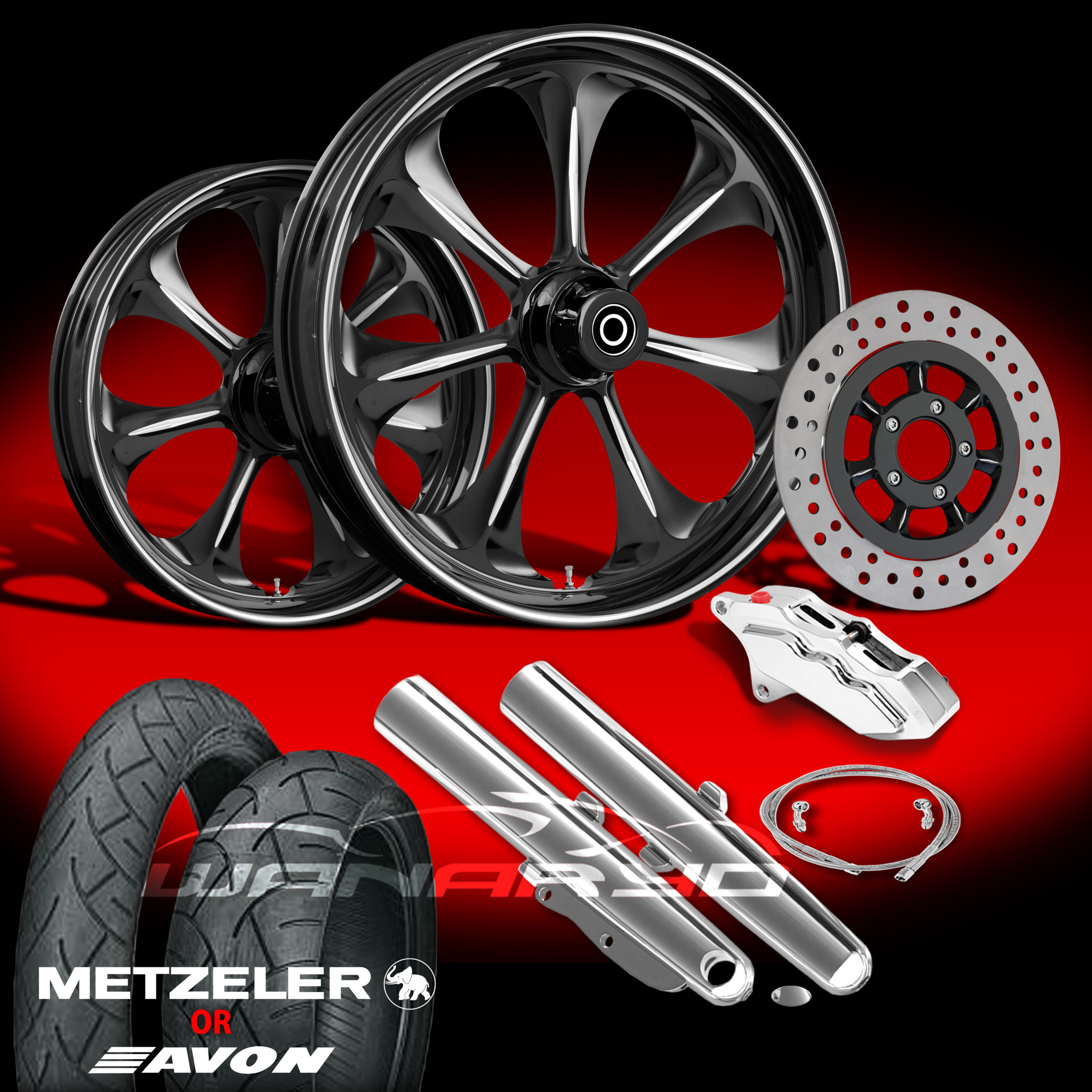 Atomic Black 21" Wheels, Tires & Single Disk Kit for 2009-13 Harley Touring