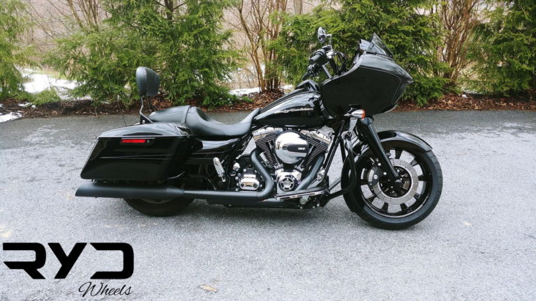 Harley Road Glide with 18x5.5 Diode Blackline fat tire wheel, front view