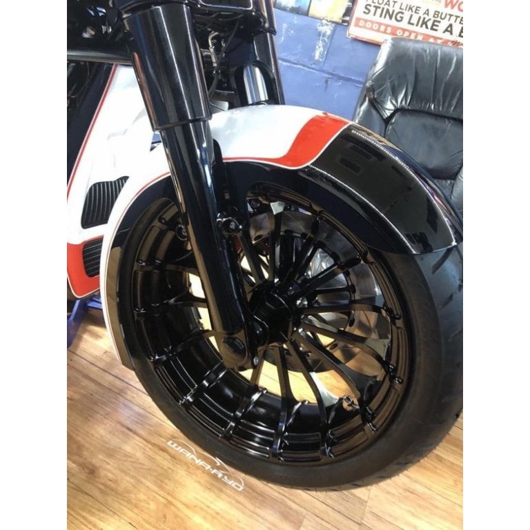 Harley with 18x5.5 Talon Black fat tire wheel, customer build in New York