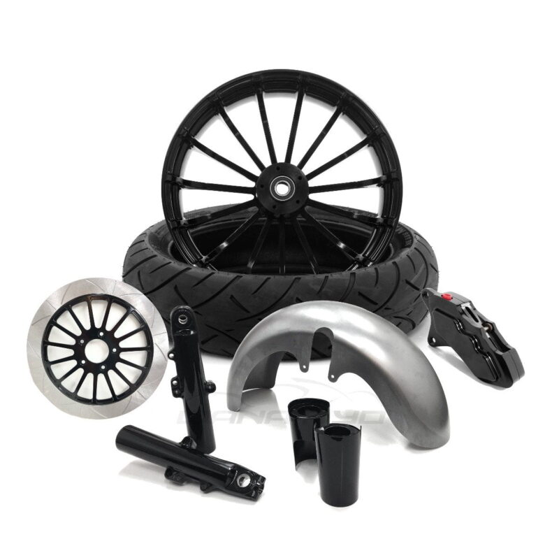 18 x 5.5" Talon Black Front Fat Tire Complete Wheel, Fender & Rotors Package, 2008-2023 Touring
