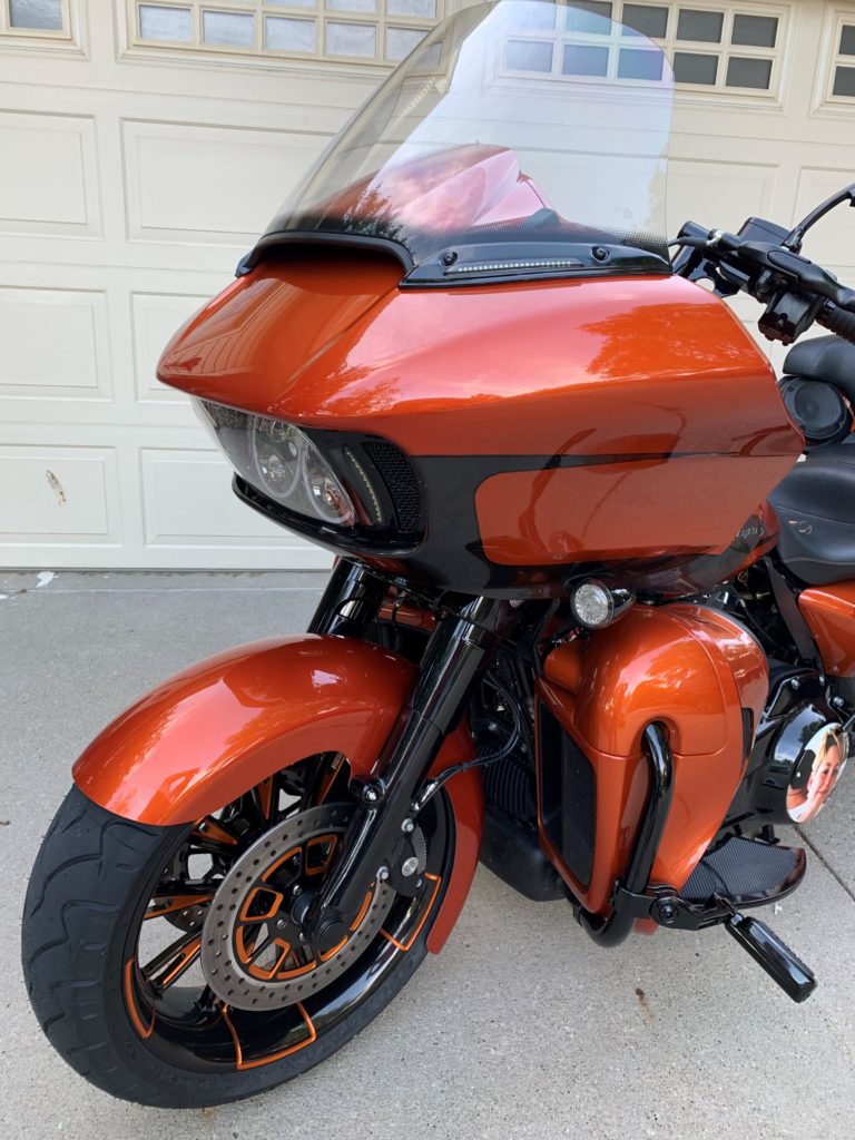 Orange Harley Road Glide with 18x5.5 Resistor fat tire wheel conversion