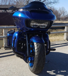 Harley front end with 18x5.5 Diode Dyeline blue fat tire wheel, XBS Customs build