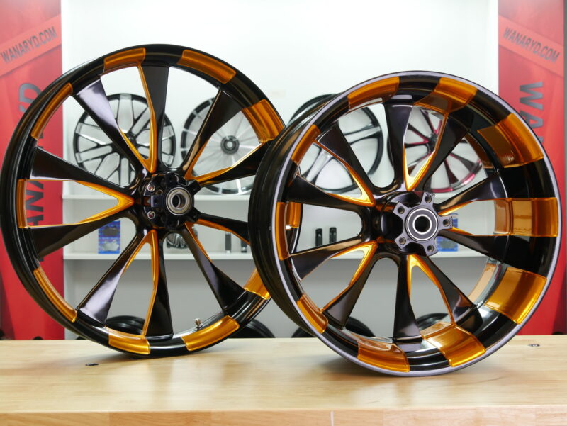 21 x 3.25 & 18 x 8.5 Diode Black and Orange Anodized, Softail Breakout Wheels
