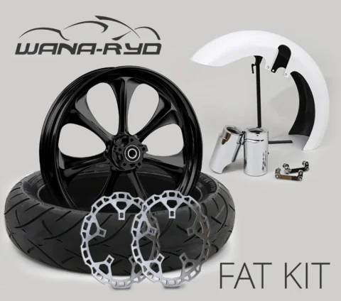 18 x 5.5" Atomic Blackline Front Fat Tire Complete Wheel, Fender & Rotors Package, 2008-2023 Touring