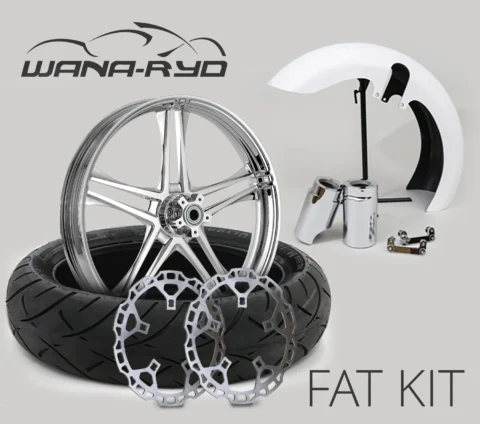 18 x 5.5" Discharge Chrome Front Fat Tire Complete Wheel, Fender & Rotors Package, 2008-2023 Touring