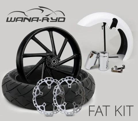 18 x 5.5" Kinetic Blackline Front Fat Tire Complete Wheel, Fender & Rotors Package, 2008-2023 Touring