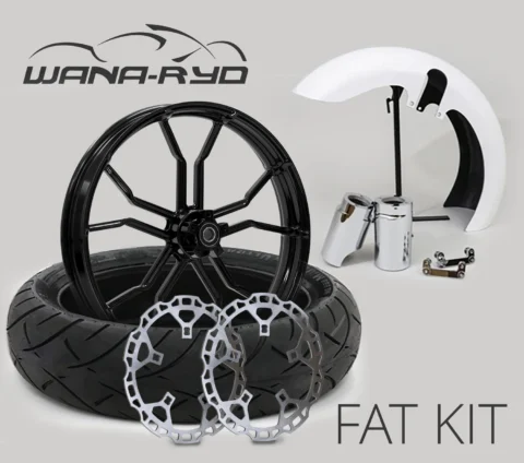 18 x 5.5" Phase Blackline Front Fat Tire Complete Wheel, Fender & Rotors Package, 2008-2023 Touring