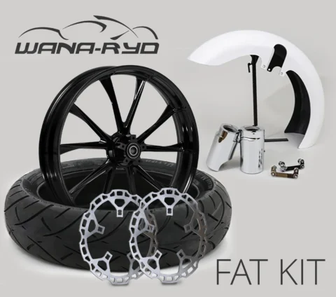 18 x 5.5" Relay Blackline Front Fat Tire Complete Wheel, Fender & Rotors Package, 2008-2023 Touring