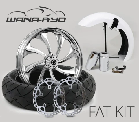 18 x 5.5" Twisted Chrome Front Fat Tire Complete Wheel, Fender & Rotors Package, 2008-2023 Touring
