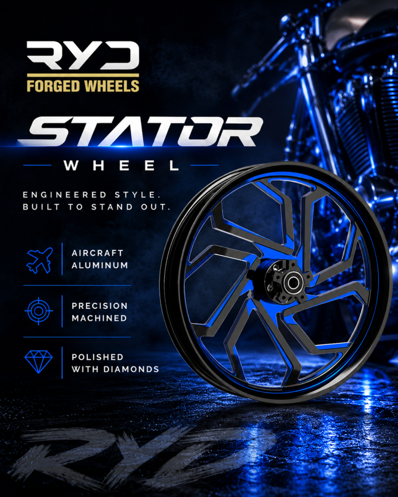 RYD Stator forged Harley-Davidson wheel in blue and black contrast-cut finish