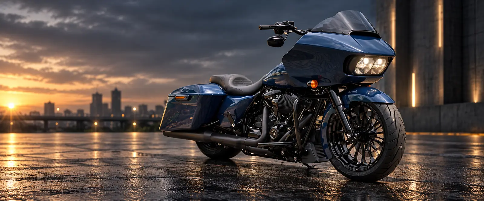 Custom Harley Road Glide bagger with a fat front tire kit at sunset