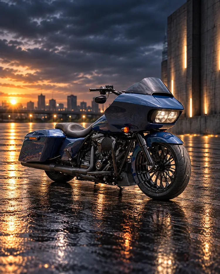 Custom Harley Road Glide bagger with a fat front tire kit at sunset